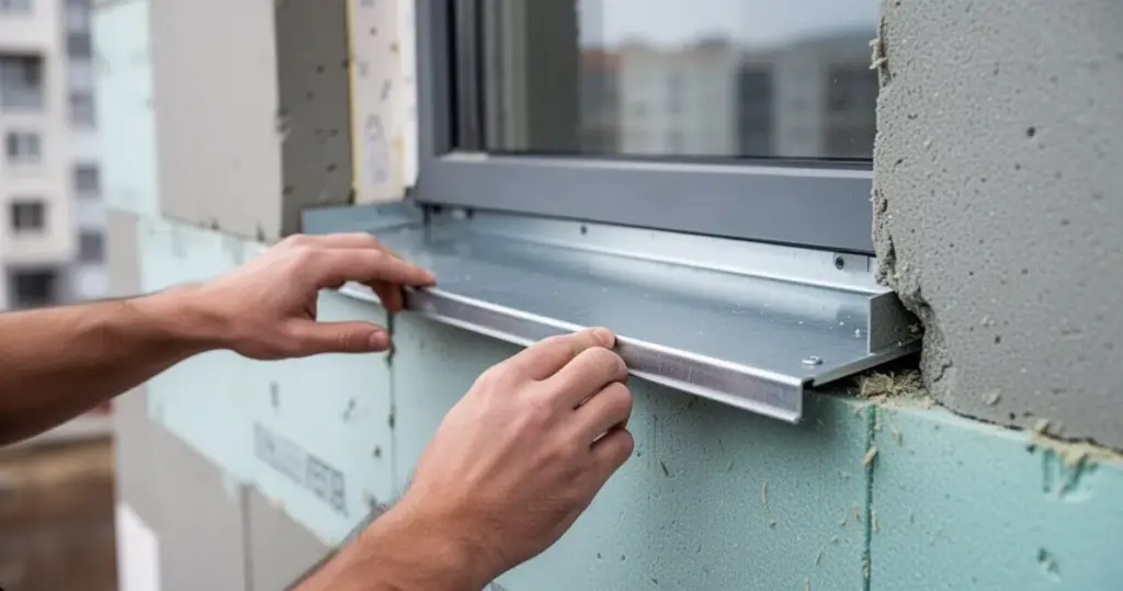 Ręce montują metalowy parapet zewnętrzny na ocieplonej ścianie, w tle elewacja i warstwy izolacji.