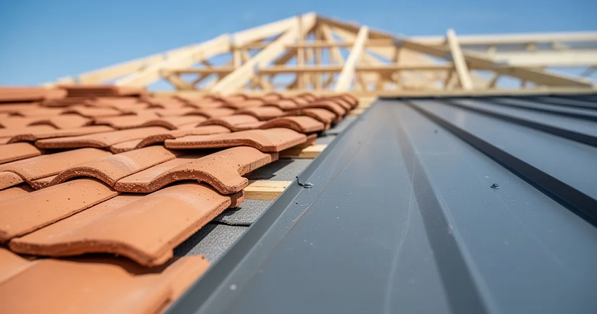 Zbliżenie na dach: po lewej dachówki ceramiczne, po prawej panele blaszane na rąbek stojący, tło rozmyte z drewnianą konstruk
