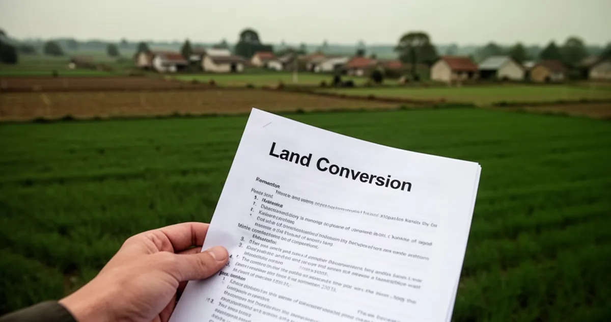 Dłoń trzyma dokument z napisem „Land Conversion” nad zielonym polem, w tle rozmyte gospodarstwo i domy.