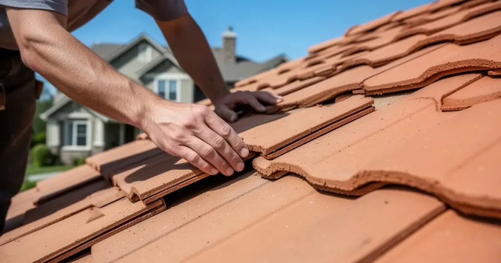 Dłonie rzemieślnika montującego zazębiające się dachówki ceramiczne na stromym dachu, w tle dom podmiejski pod błękitnym nieb