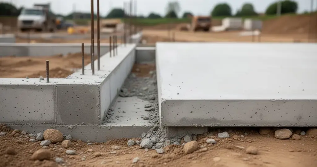 Porównanie dwóch betonowych fundamentów: ławy i płyty, widoczne z bliska na tle placu budowy.
