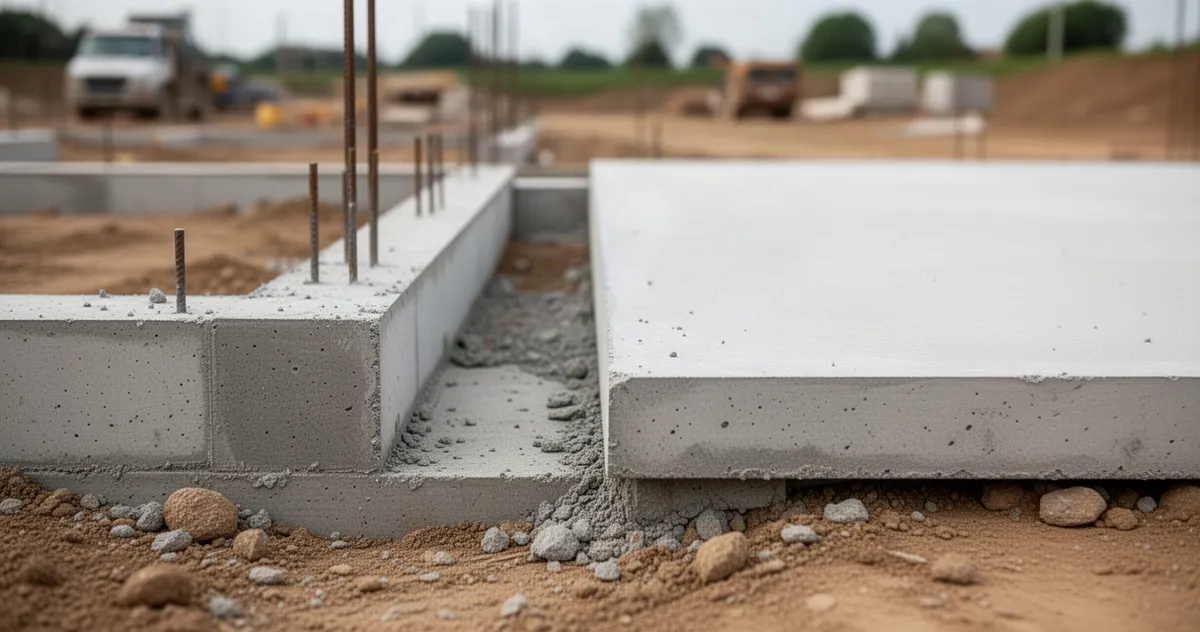 Porównanie dwóch betonowych fundamentów: ławy i płyty, widoczne z bliska na tle placu budowy.