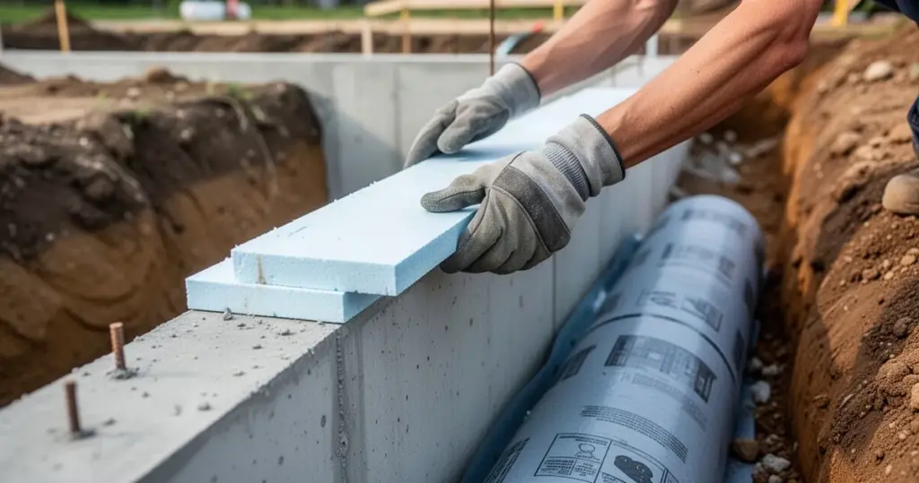 Dłonie pracownika w rękawicach montują płyty styropianowe na betonowej ścianie fundamentu, obok rolka membrany; w tle wykop z