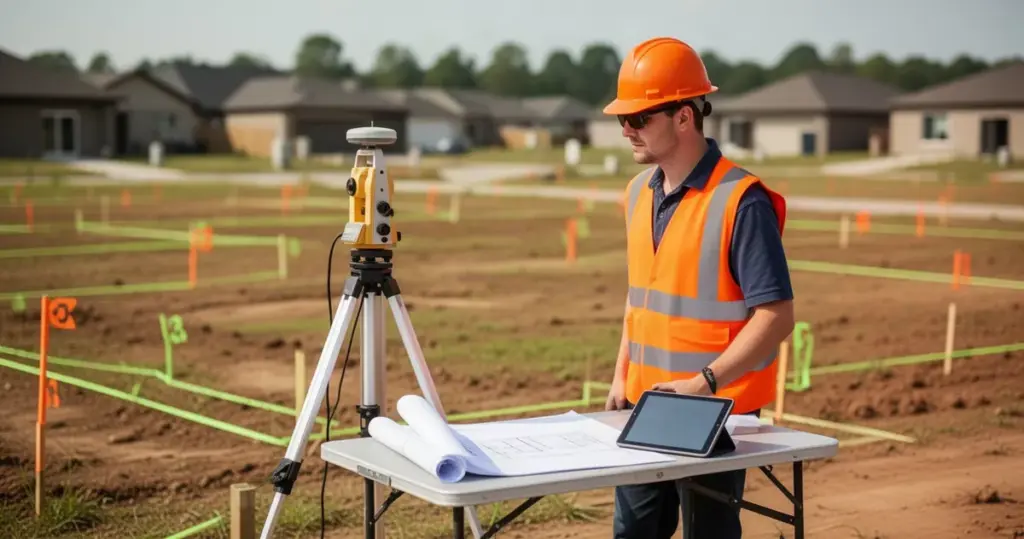 Geodeta w pomarańczowej kamizelce i kasku trzyma odbiornik GPS na trójnogu, mierząc działkę. Obok stół z planami i tabletem,