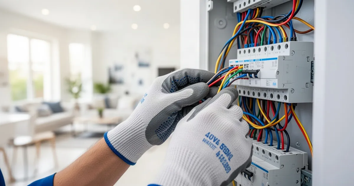 Ręce elektryka w rękawiczkach łączą kolorowe przewody w otwartej rozdzielni elektrycznej, w tle nowoczesne wnętrze domu.