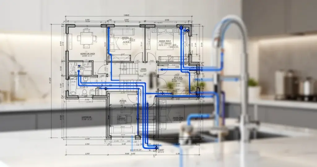 Plan instalacji wodnej z niebieskimi liniami doprowadzającymi wodę na tle kuchni z kranem i rurami.
