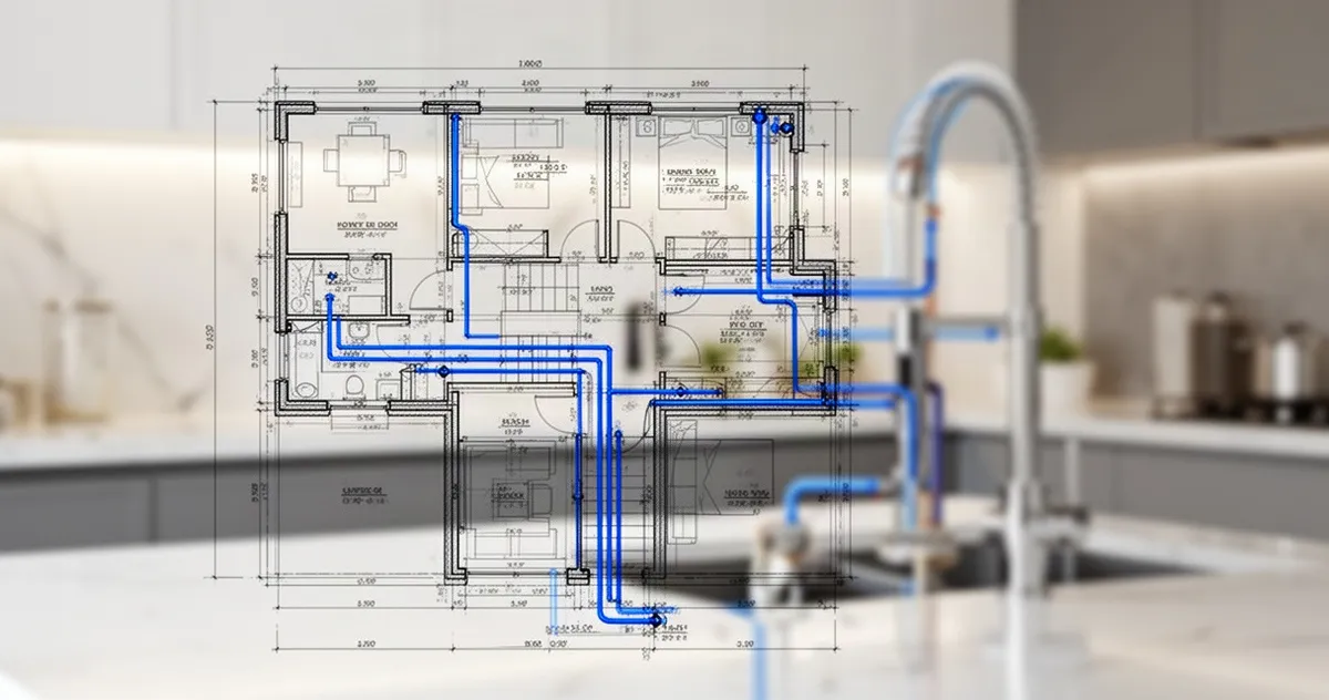 Plan instalacji wodnej z niebieskimi liniami doprowadzającymi wodę na tle kuchni z kranem i rurami.