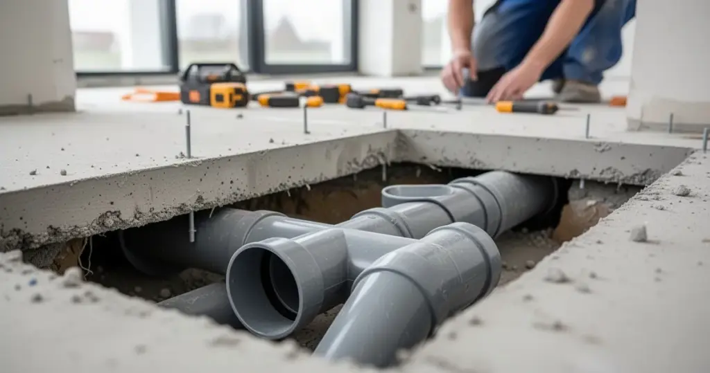 Montaż białych rur kanalizacyjnych PVC pod betonową wylewką, w tle rozmyte narzędzia i dłonie pracownika.