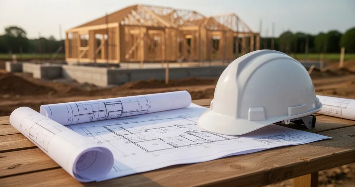 Plan budowy i kask na drewnianym stole, w tle fundamenty domu w budowie.