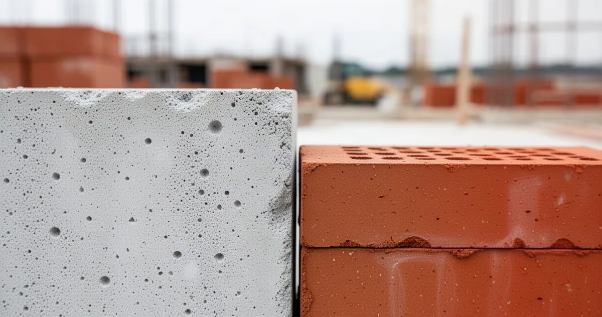 Zbliżenie na bloczek z betonu komórkowego i czerwoną cegłę ceramiczną obok siebie, tło placu budowy rozmyte.