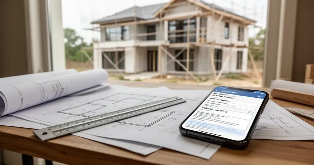 Plany architektoniczne, linijka i smartfon z formularzem pozwolenia na budowę; w tle dom w budowie.