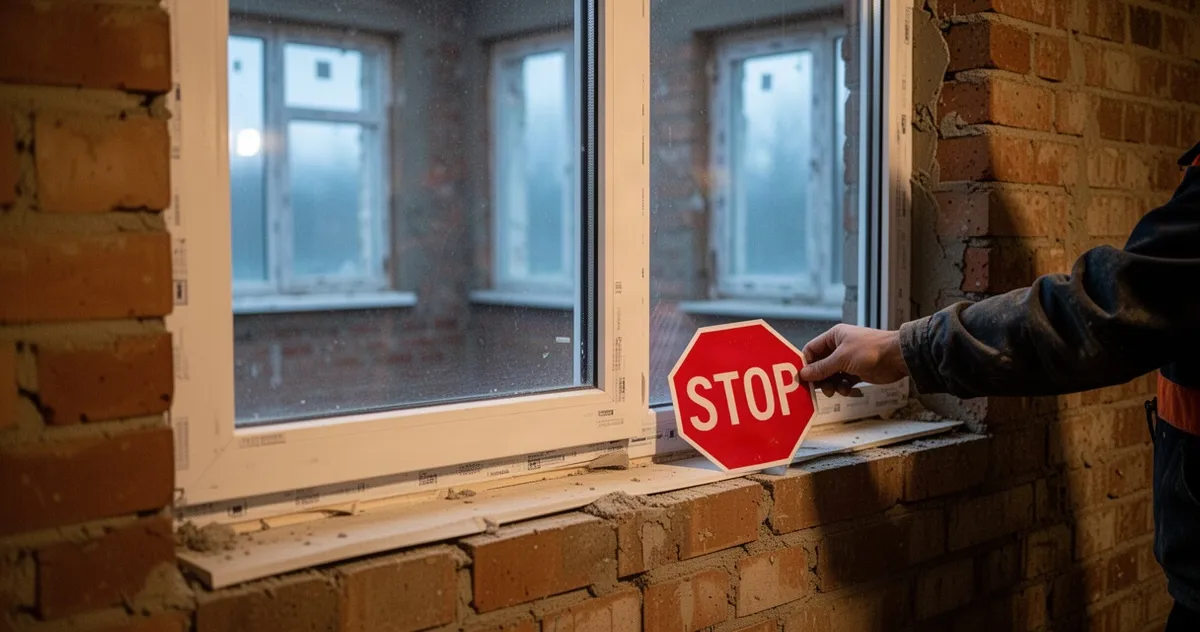 Dłoń pracownika umieszcza czerwony znak STOP na parapecie nowego okna w ceglanej ścianie; w tle zamazane starsze okna.