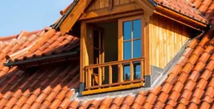 Lukarna dachowa z drewnianą ramą i małym balkonem na tle czerwonych dachówek ceramicznych i błękitnego nieba.