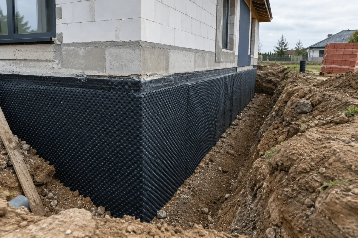 Folia kubełkowa zamontowana na ścianie fundamentowej kubełkami do muru