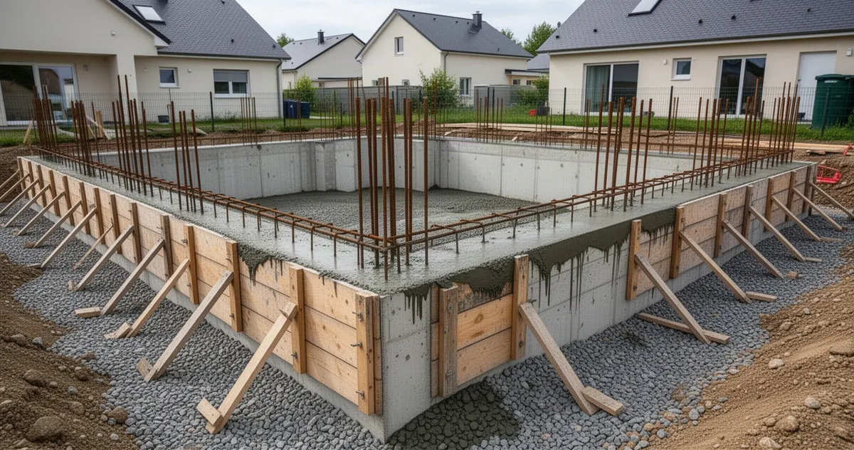 Wykonane fundamenty betonowe domu z deskowaniem i zbrojeniem