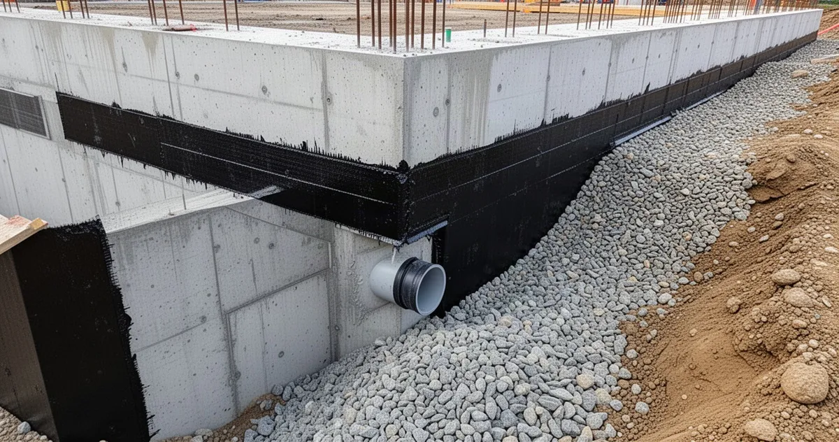 Fragment ściany fundamentowej z hydroizolacją i drenażem