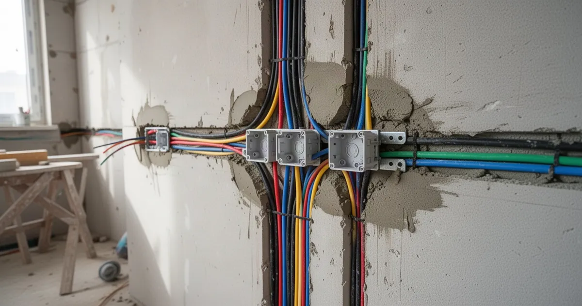 Przewody i puszki elektryczne ułożone w bruzdach przed tynkowaniem