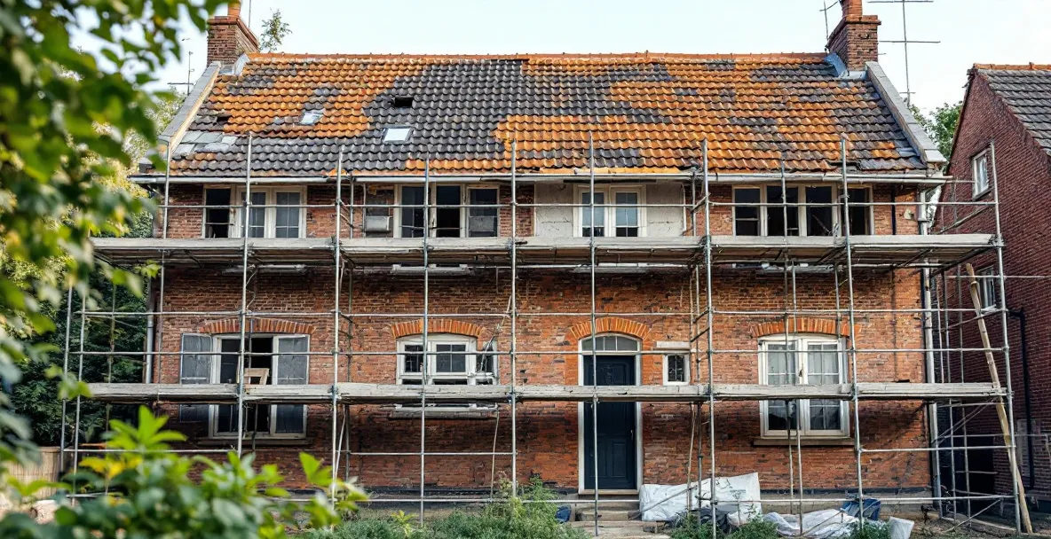 Remont starego domu w trakcie – rusztowania na elewacji, odsłonięty mur ceglany, częściowo zdjęte pokrycie dachowe
