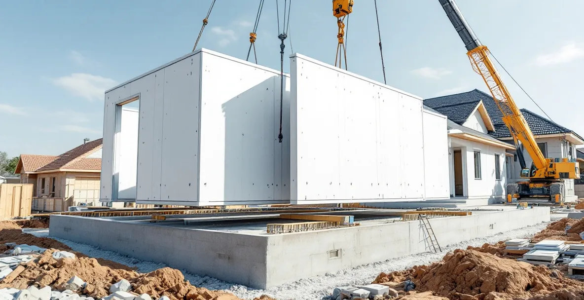 Montaż prefabrykowanych ścian za pomocą dźwigu na płycie fundamentowej